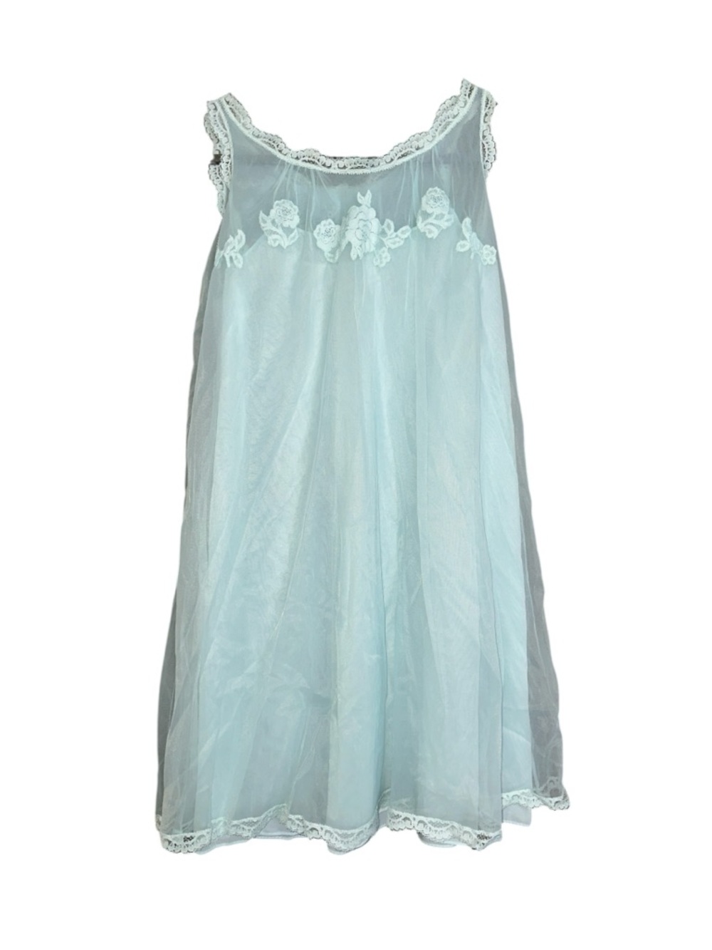 Vintage Nylon Chiffon Layered Nightgown Light Blue Nightie Lace Flowers Small